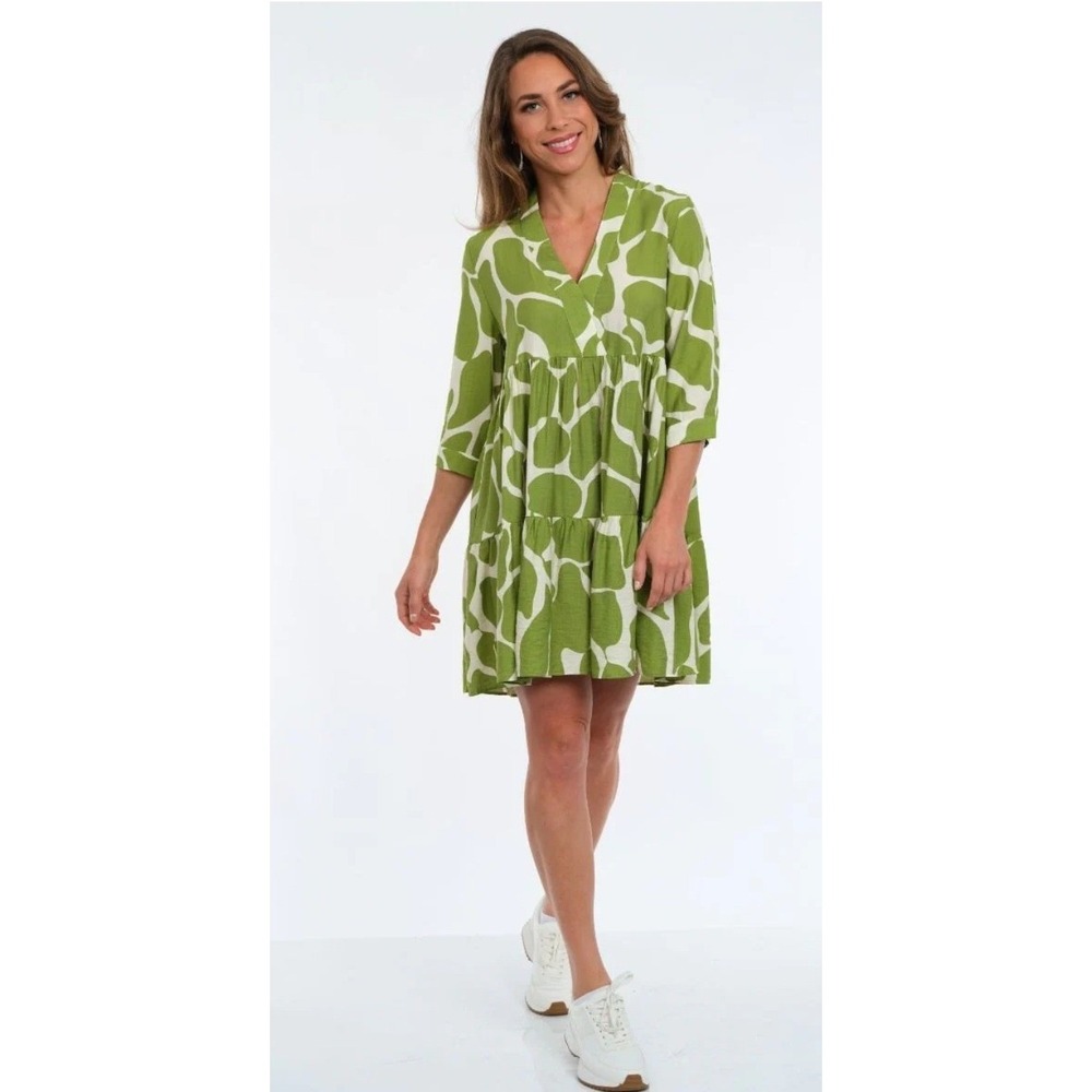Lior Paris Tiered Babydoll Dress Womens M Green White Giraffe Print